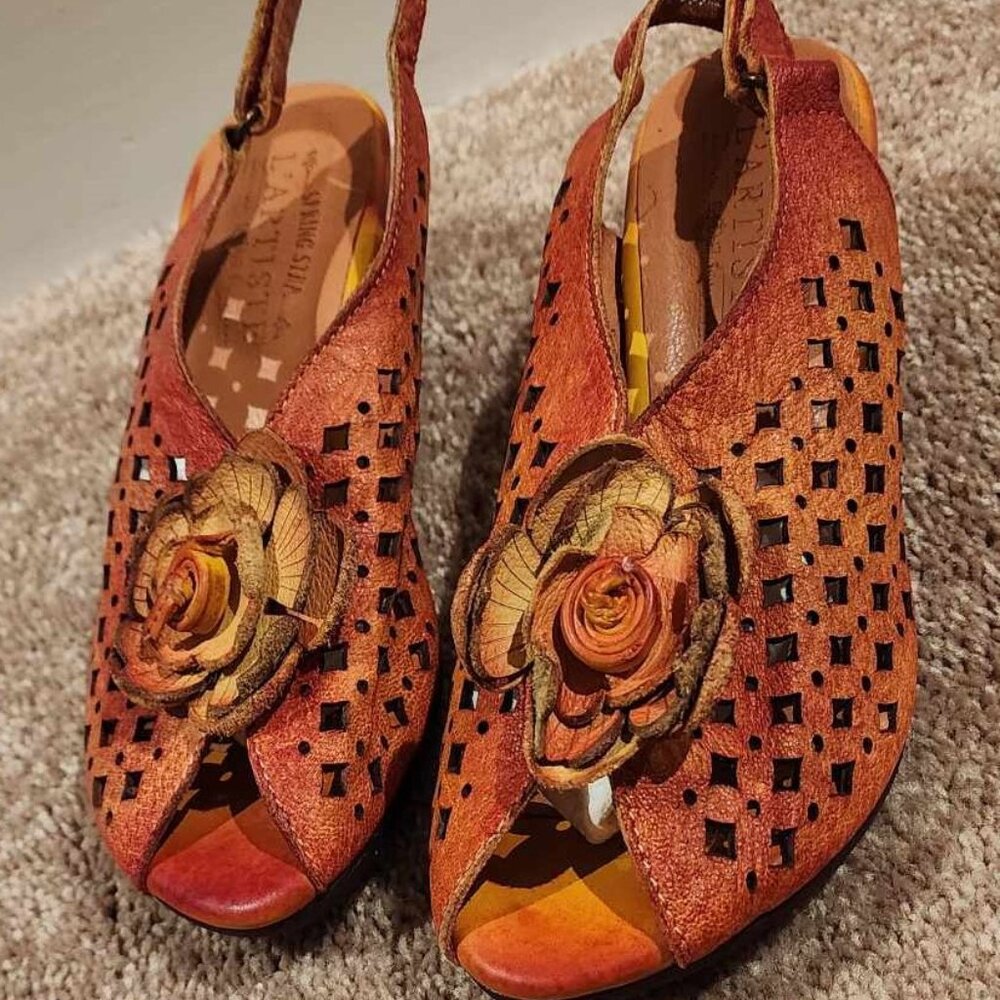 Artisan Orange Leather Sandals with Floral Accent